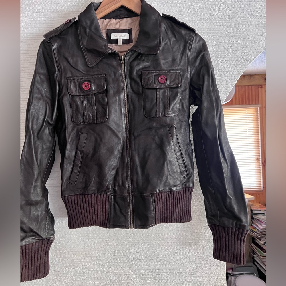 Kookai Dark Brown Leather Bomber Jacket with Purple Accents